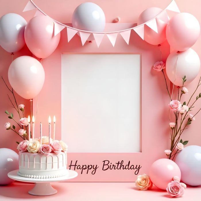 elegant birthday photo frame design with pastel balloons and cake backgrounds png free download pikbest